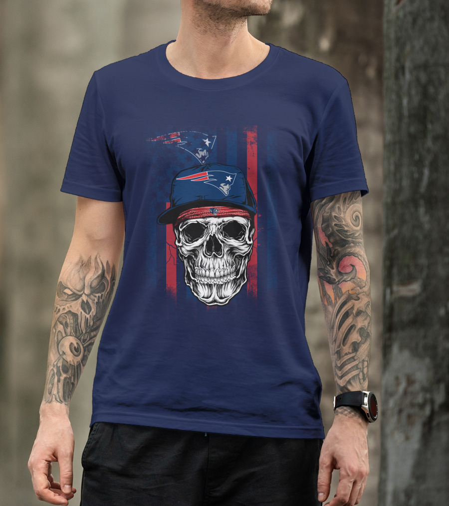 New England Patriots Skull With Cap And Red Blue Stripes T-Shirt
