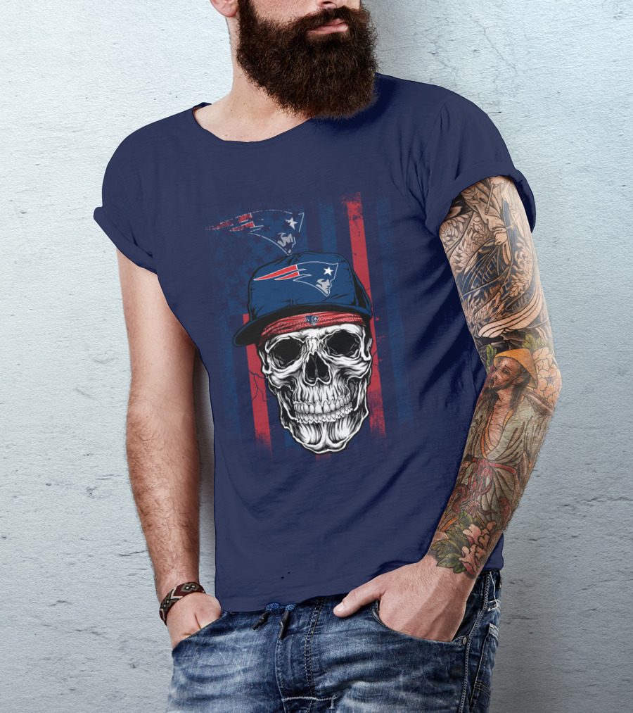 New England Patriots Skull With Cap And Red Blue Stripes T-Shirt