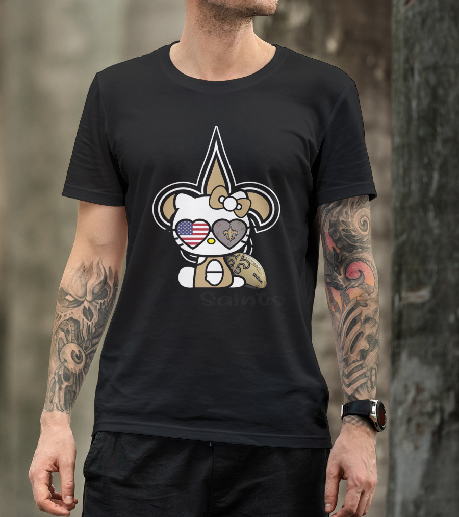 Hello Saints New Orleans Football Fleur-De-Lis Kitty Usa Heart T-Shirt