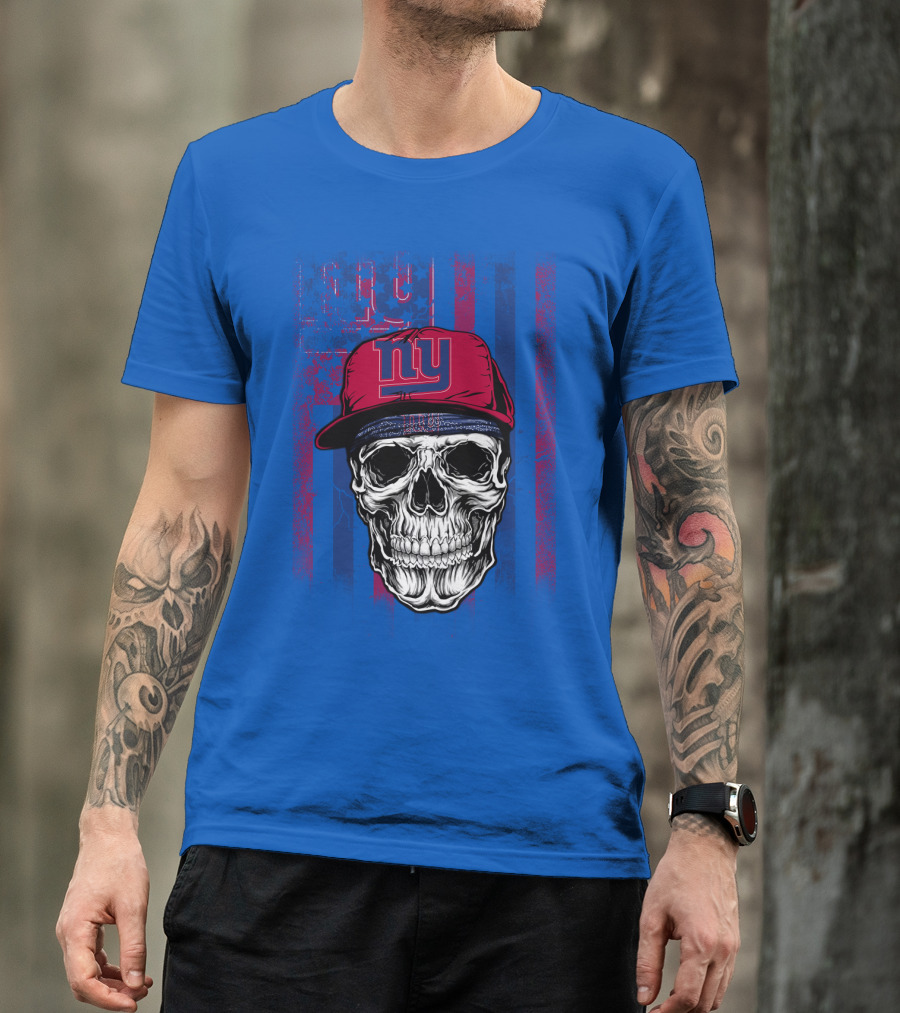 Ny Giants Skull With Red Cap On Blue T-Shirt