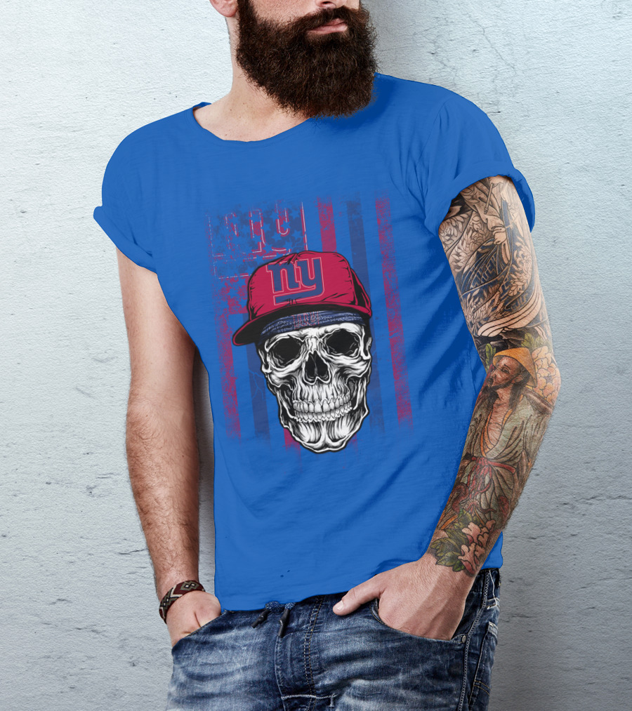 Ny Giants Skull With Red Cap On Blue T-Shirt