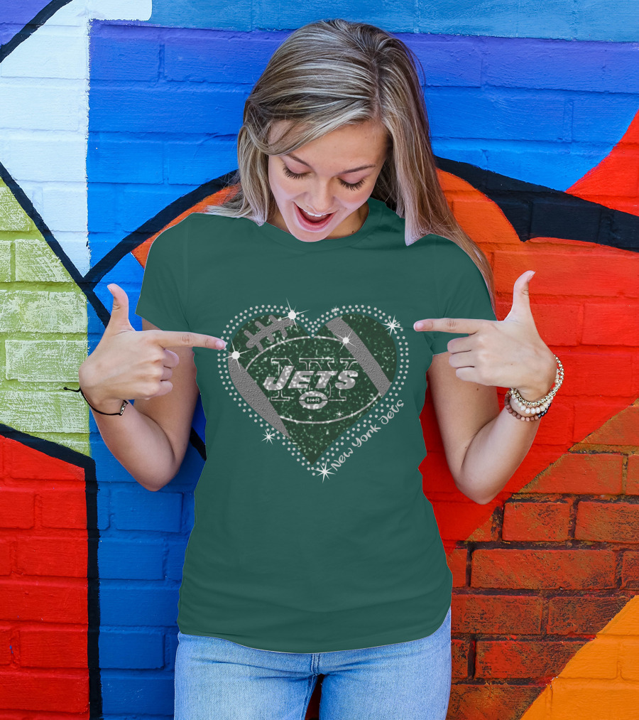 New York Jets Heart Football Sparkle T-Shirt