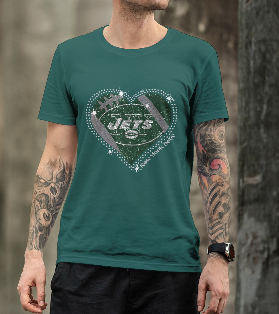 New York Jets Heart Football Sparkle T-Shirt