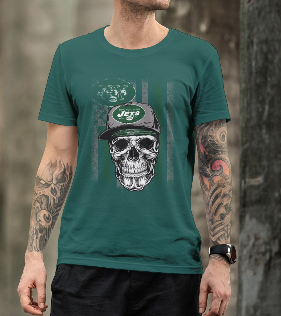 Skull With New York Jets Cap And Logo On Green Stripe T-Shirt