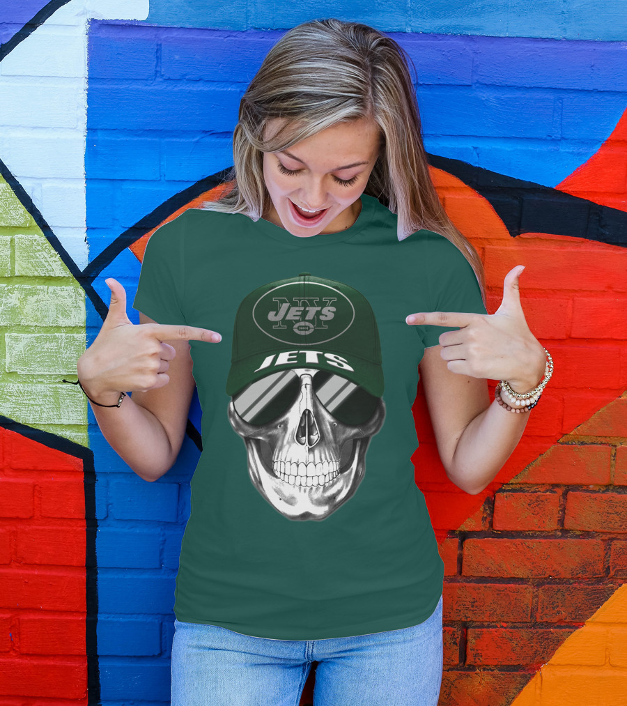New York Jets Skull With Cap And Sunglasses T-Shirt