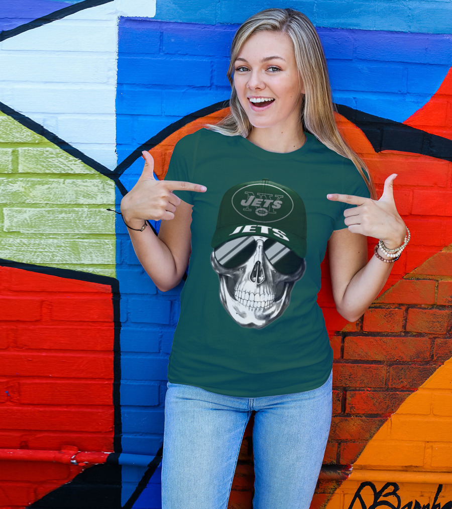 New York Jets Skull With Cap And Sunglasses T-Shirt