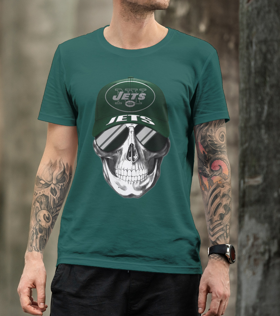 New York Jets Skull With Cap And Sunglasses T-Shirt