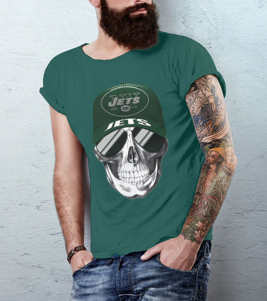 New York Jets Skull With Cap And Sunglasses T-Shirt