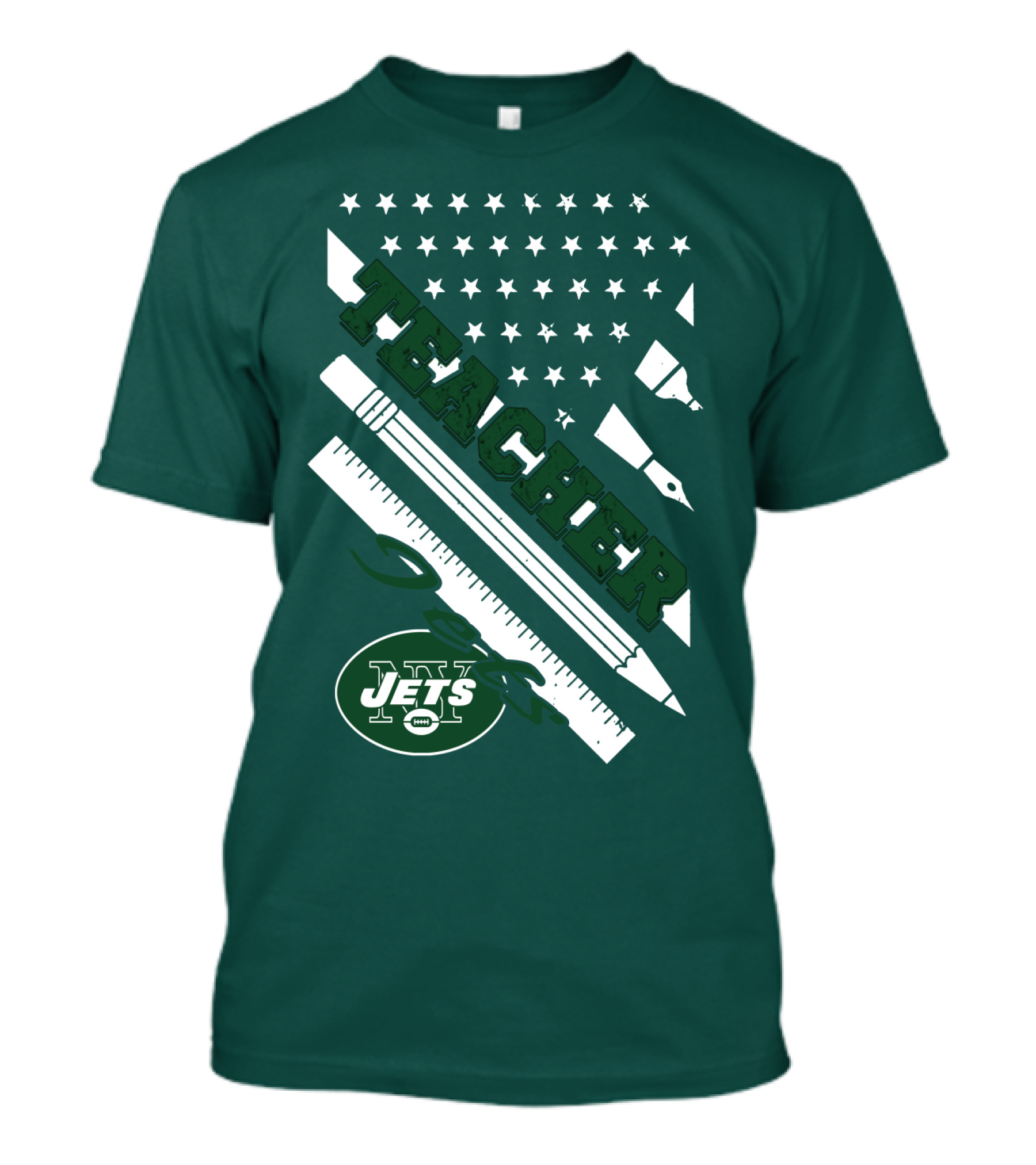 New York Jets Teacher Football Enthusiast American Flag And School Supplies T-Shirt