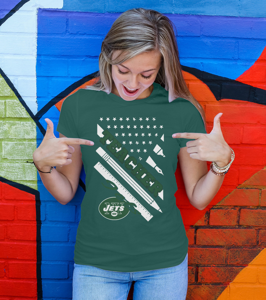 New York Jets Teacher Football Enthusiast American Flag And School Supplies T-Shirt