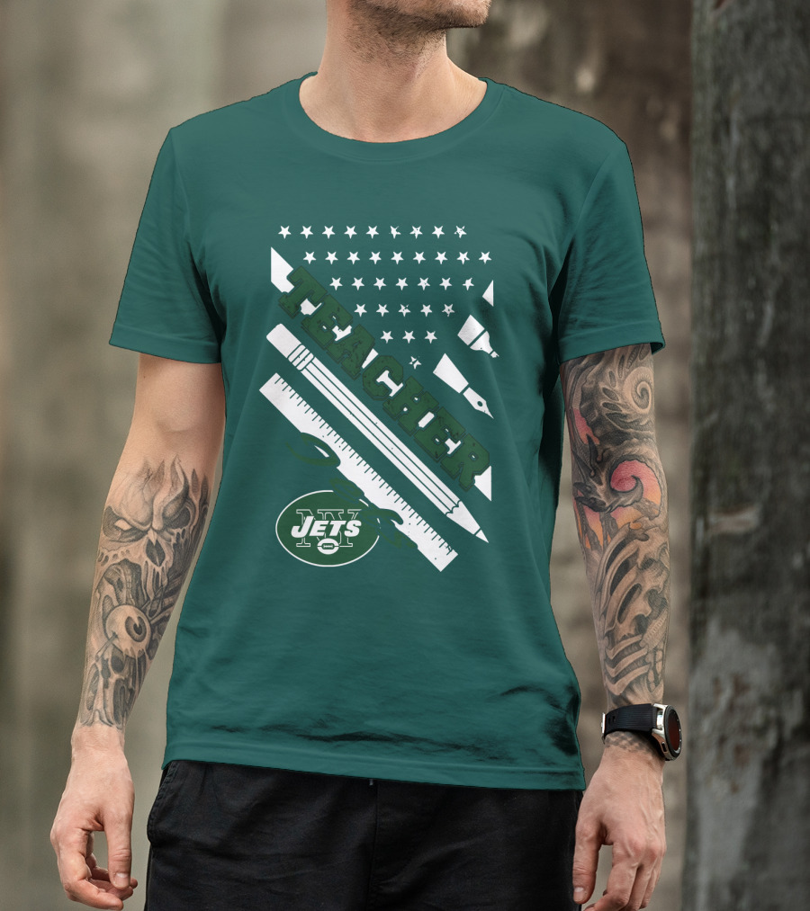 New York Jets Teacher Football Enthusiast American Flag And School Supplies T-Shirt