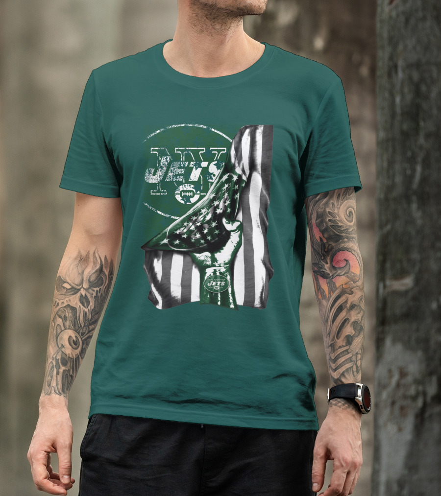 New York Jets Logo With Green And White American Flag And Number One Foam Finger T-Shirt