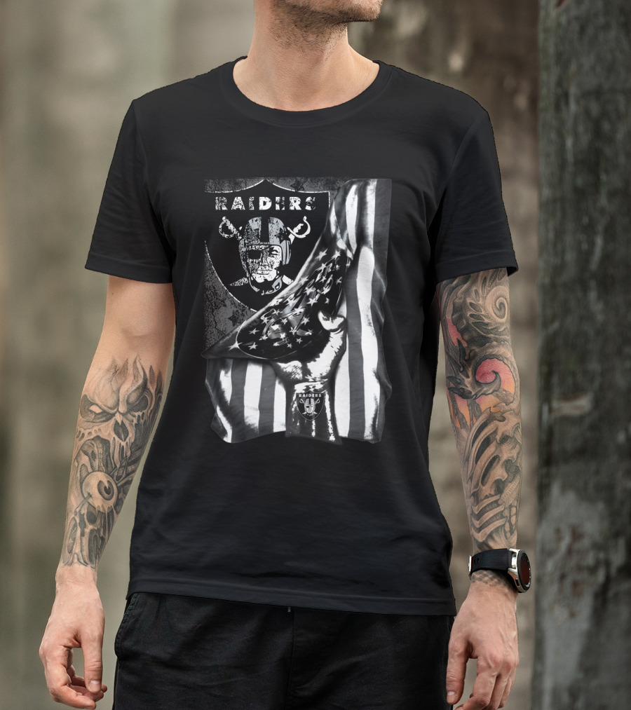 Raiders Shield Helmet And Stars Stripes Black And White Tribute T-Shirt