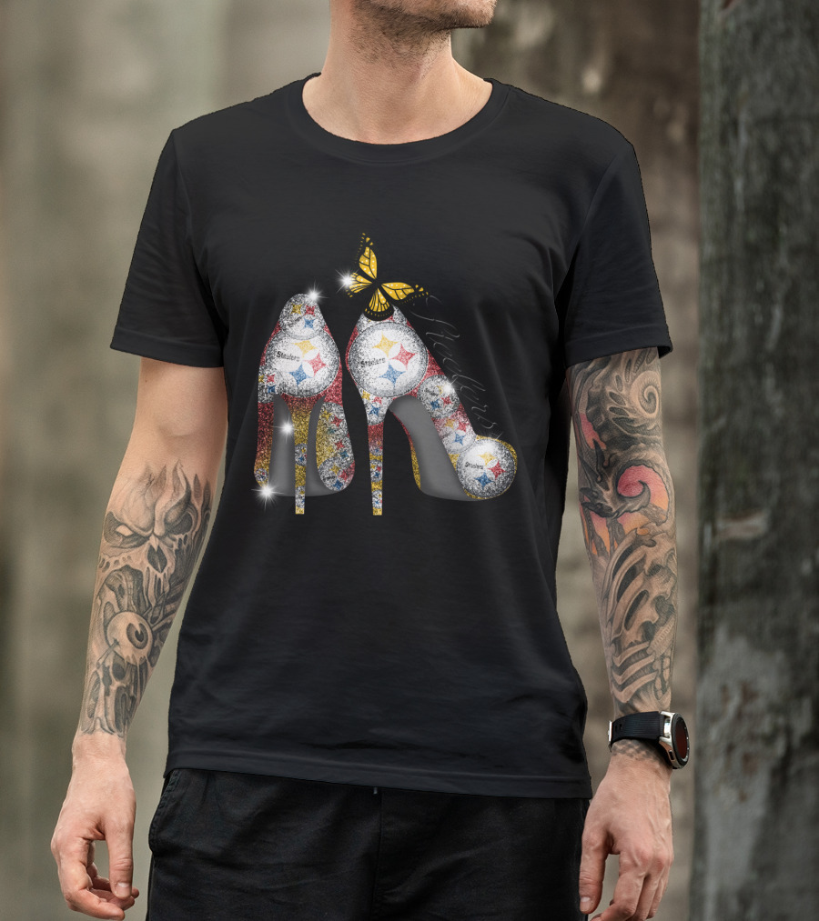 Steelers Pittsburgh High Heels With Yellow Butterfly Sparkle T-Shirt