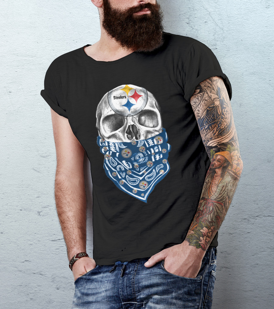 Pittsburgh Steelers Skull Bandana With Team Logo Elements T-Shirt