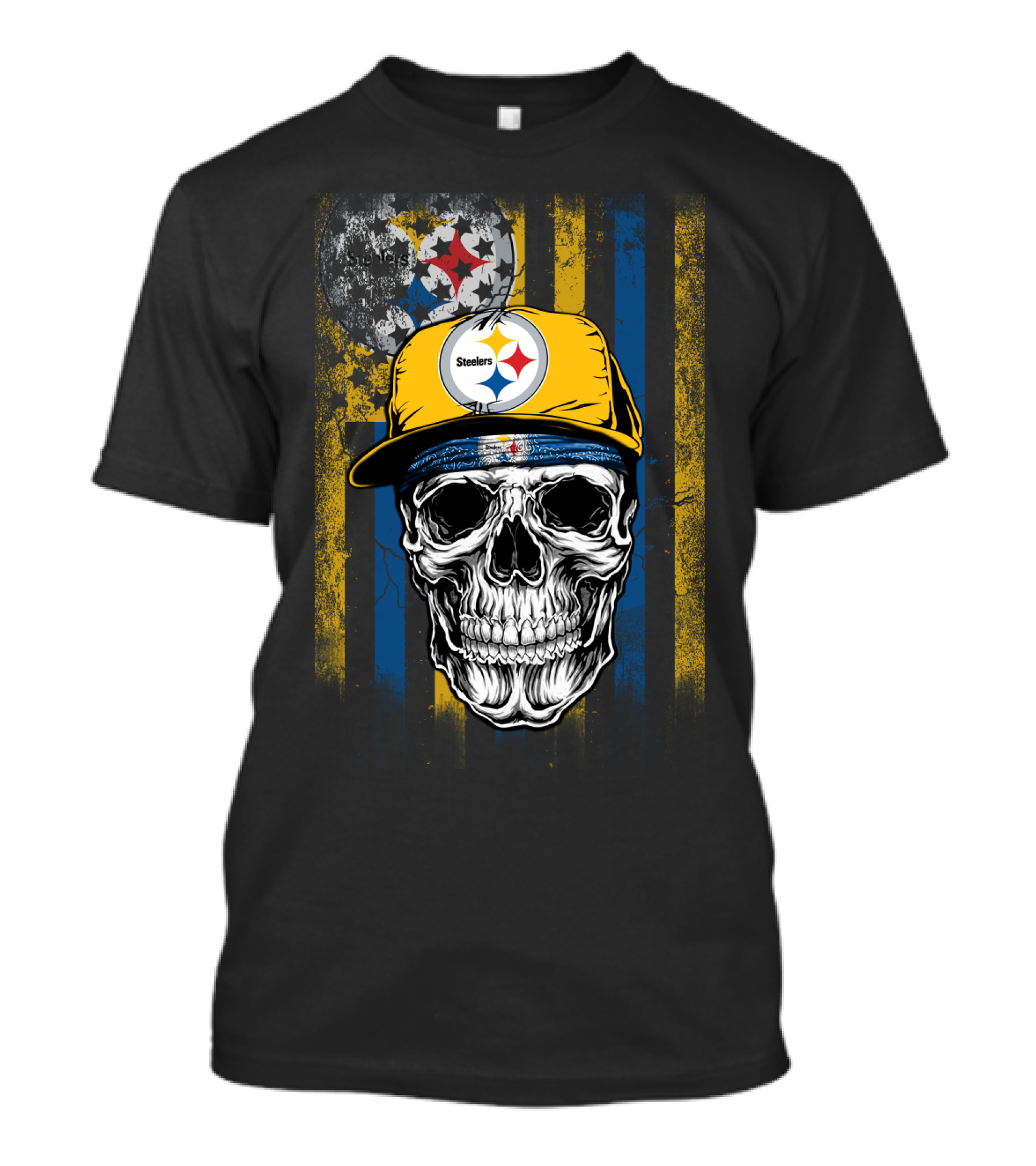 Pittsburgh Steelers Skull With Hat And Black Yellow Stripes T-Shirt