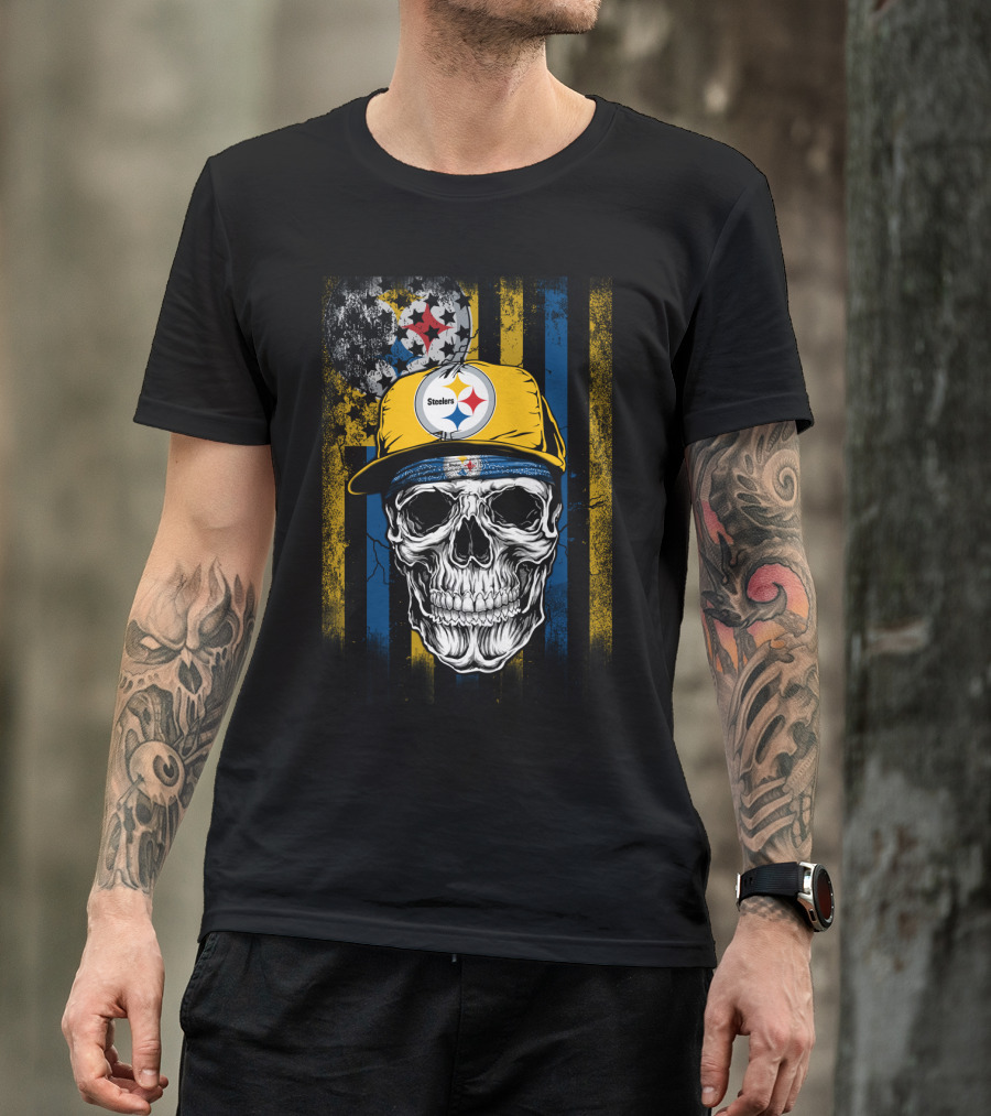 Pittsburgh Steelers Skull With Hat And Black Yellow Stripes T-Shirt
