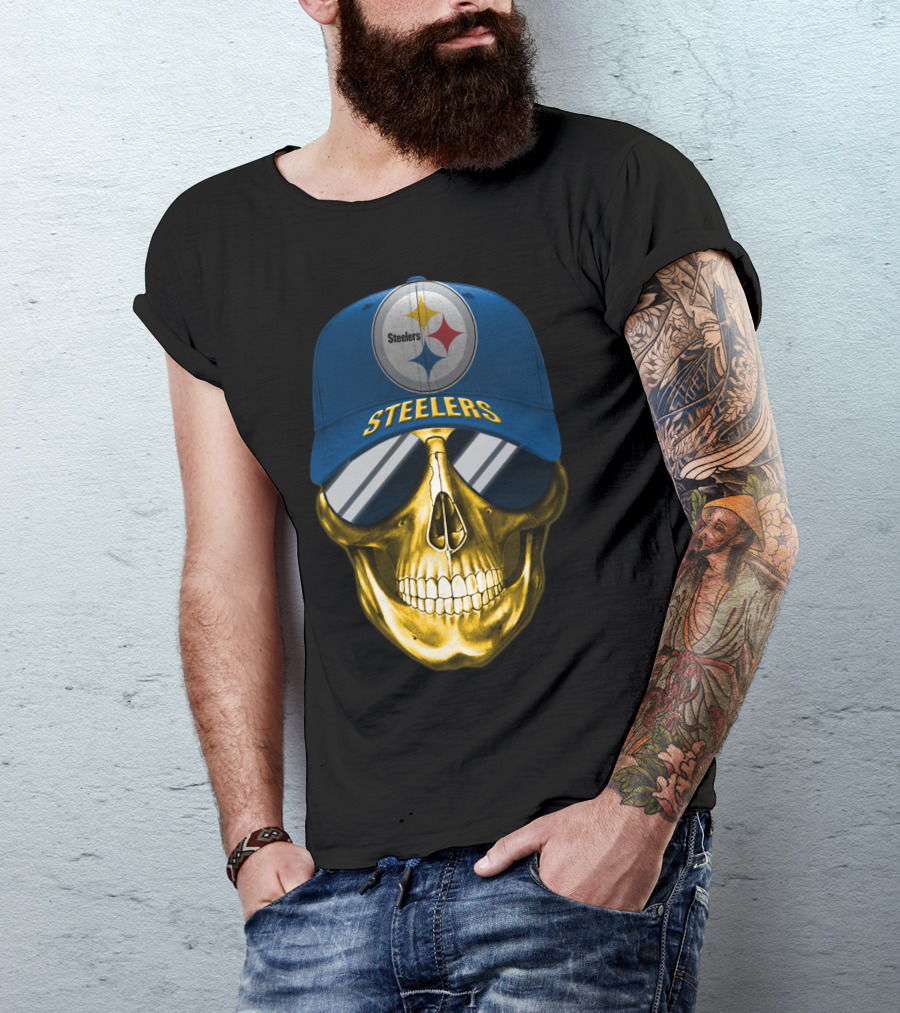 Pittsburgh Steelers Skull Wearing Reflective Sunglasses And Branded Cap T-Shirt