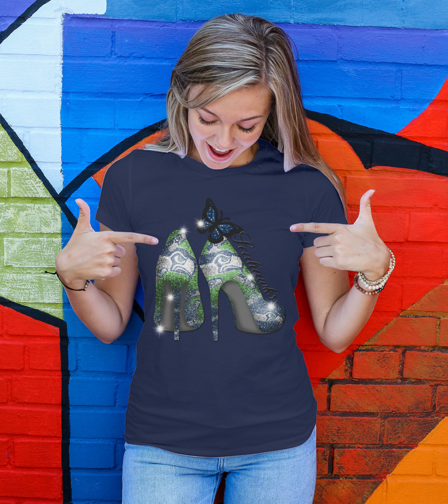 Seattle Seahawks High Heels Butterfly Sparkle T-Shirt