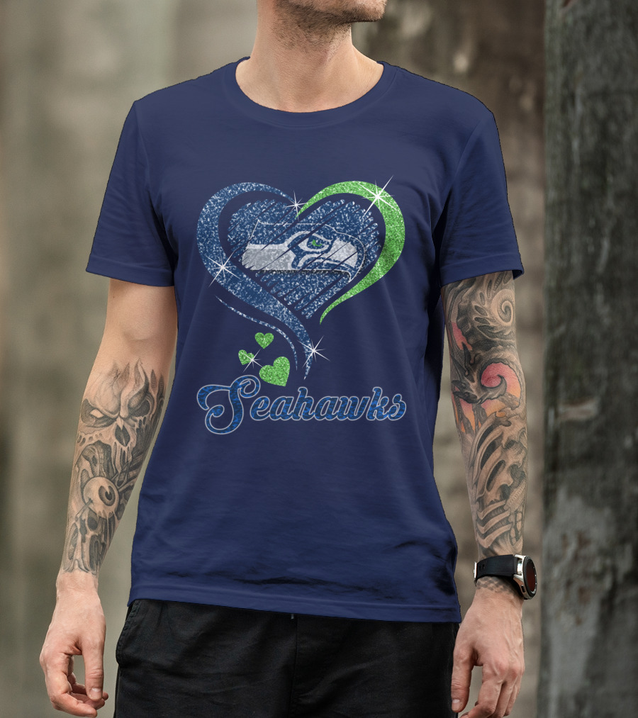 Seahawks Heart Logo With Green And Blue Sparkles T-Shirt