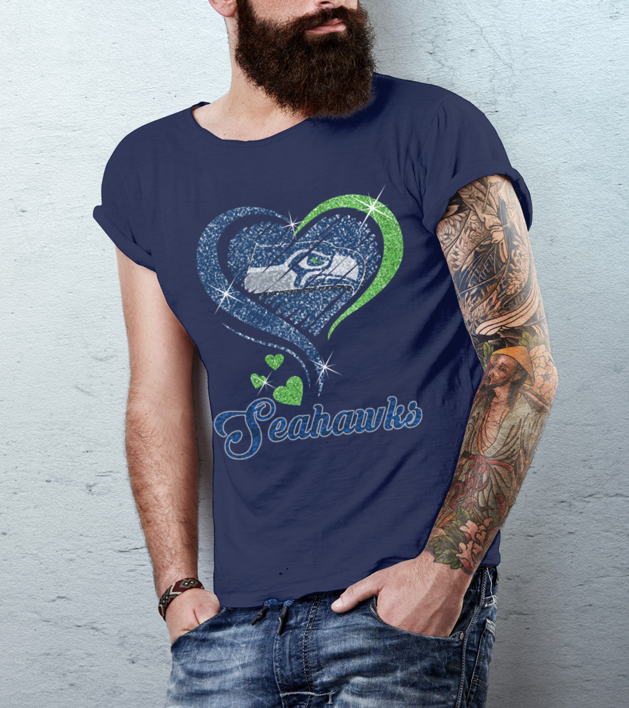 Seahawks Heart Logo With Green And Blue Sparkles T-Shirt