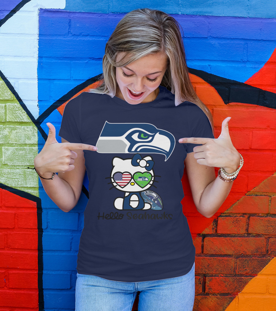 Seattle Seahawks Hello Kitty With Heart Eyes American Flag T-Shirt