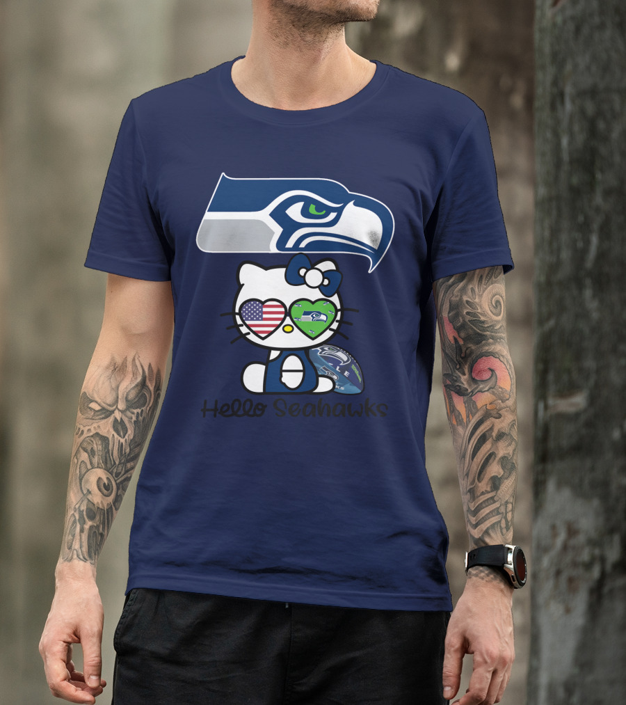Seattle Seahawks Hello Kitty With Heart Eyes American Flag T-Shirt
