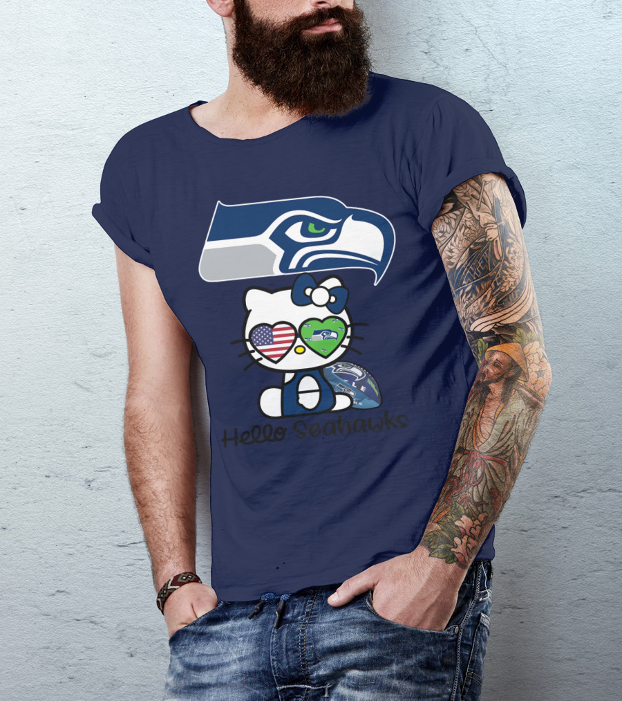 Seattle Seahawks Hello Kitty With Heart Eyes American Flag T-Shirt
