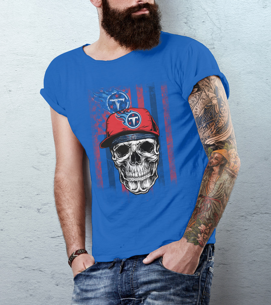 Tennessee Titans Skull With Cap Logo And Stripes T-Shirt