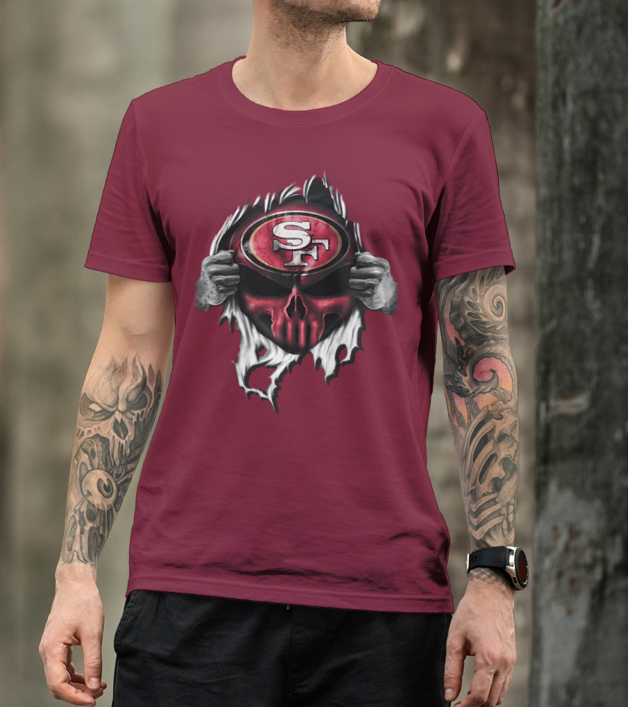 San Francisco 49ers Skull Sf Emblem Red Torn T-Shirt
