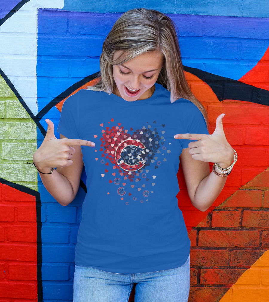 Chicago Cubs Heart Pattern With Bear Logo And Hearts In Red White And Blue T-Shirt