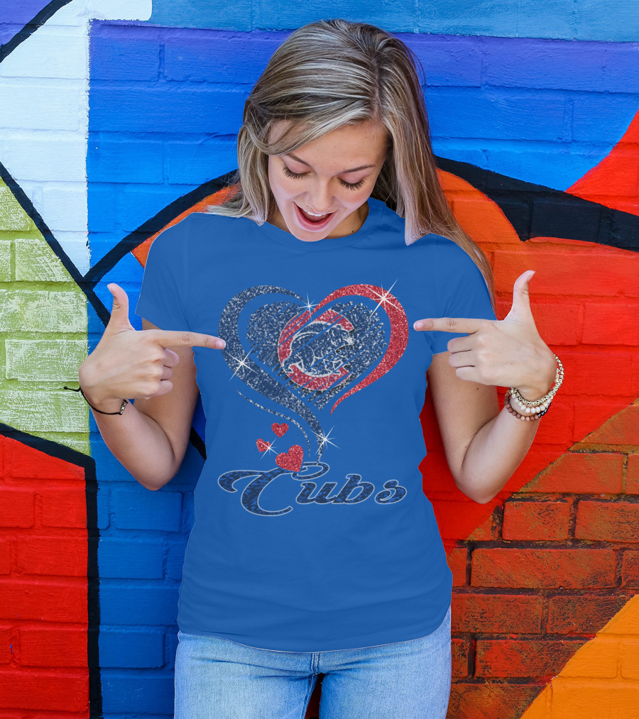 Cubs Sparkling Heart With Chicago Cubs Bear T-Shirt