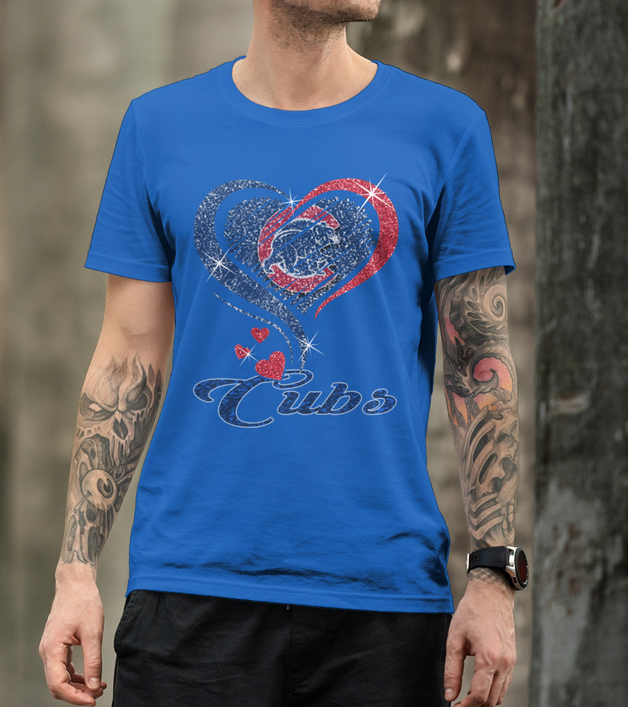 Cubs Sparkling Heart With Chicago Cubs Bear T-Shirt
