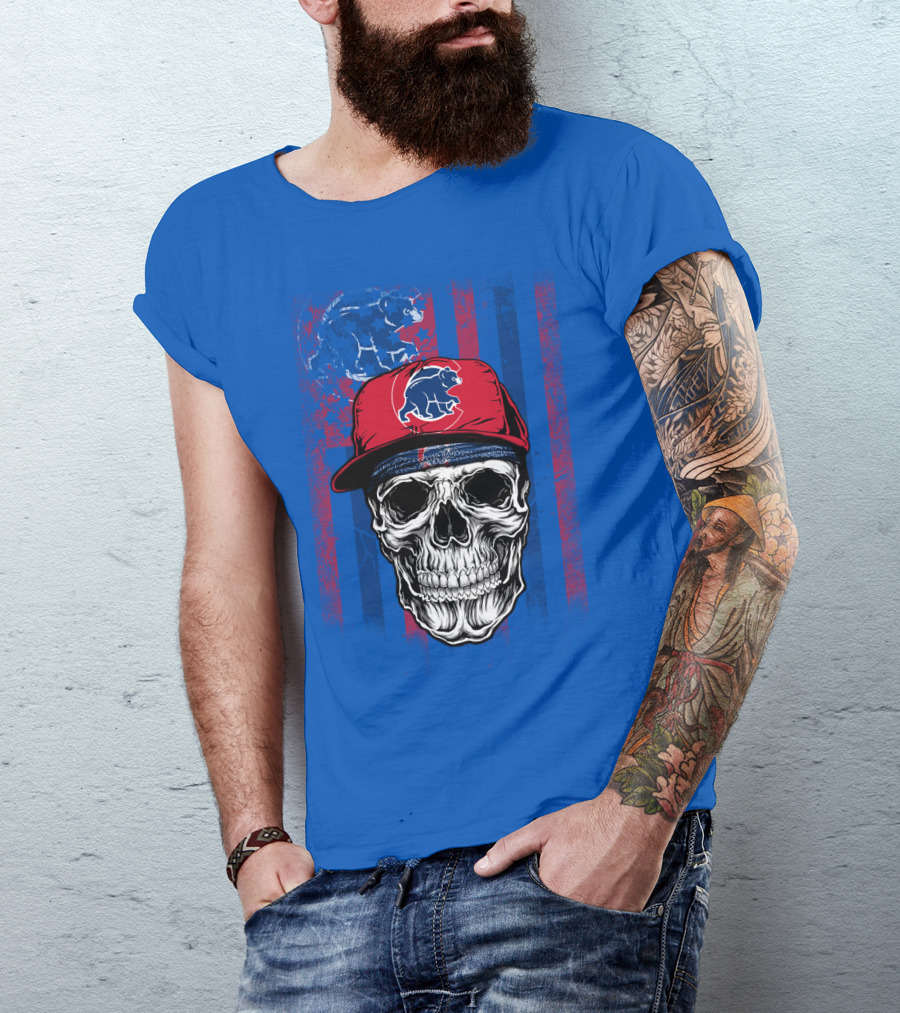 Chicago Cubs Skull With Bear And Cap On Blue T-Shirt