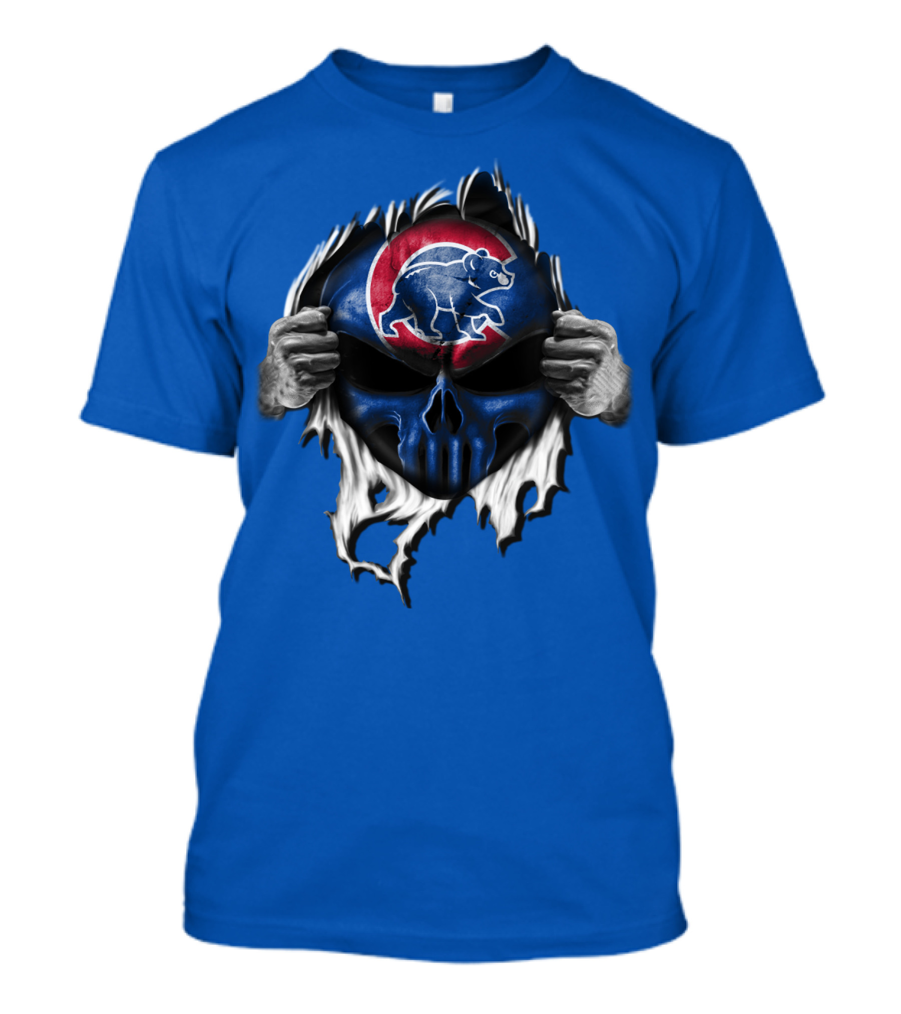Chicago Cubs Skull Logo With Bear And Red Circle On Blue T-Shirt