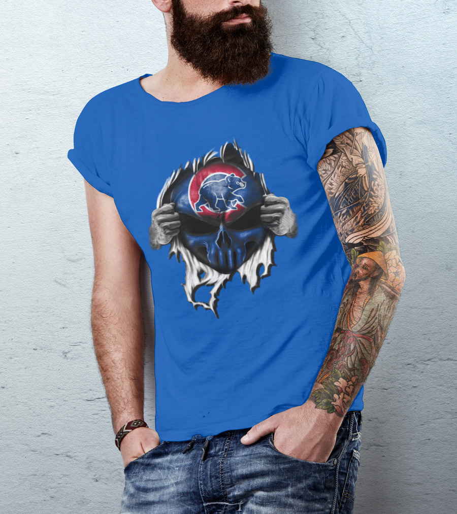 Chicago Cubs Skull Logo With Bear And Red Circle On Blue T-Shirt