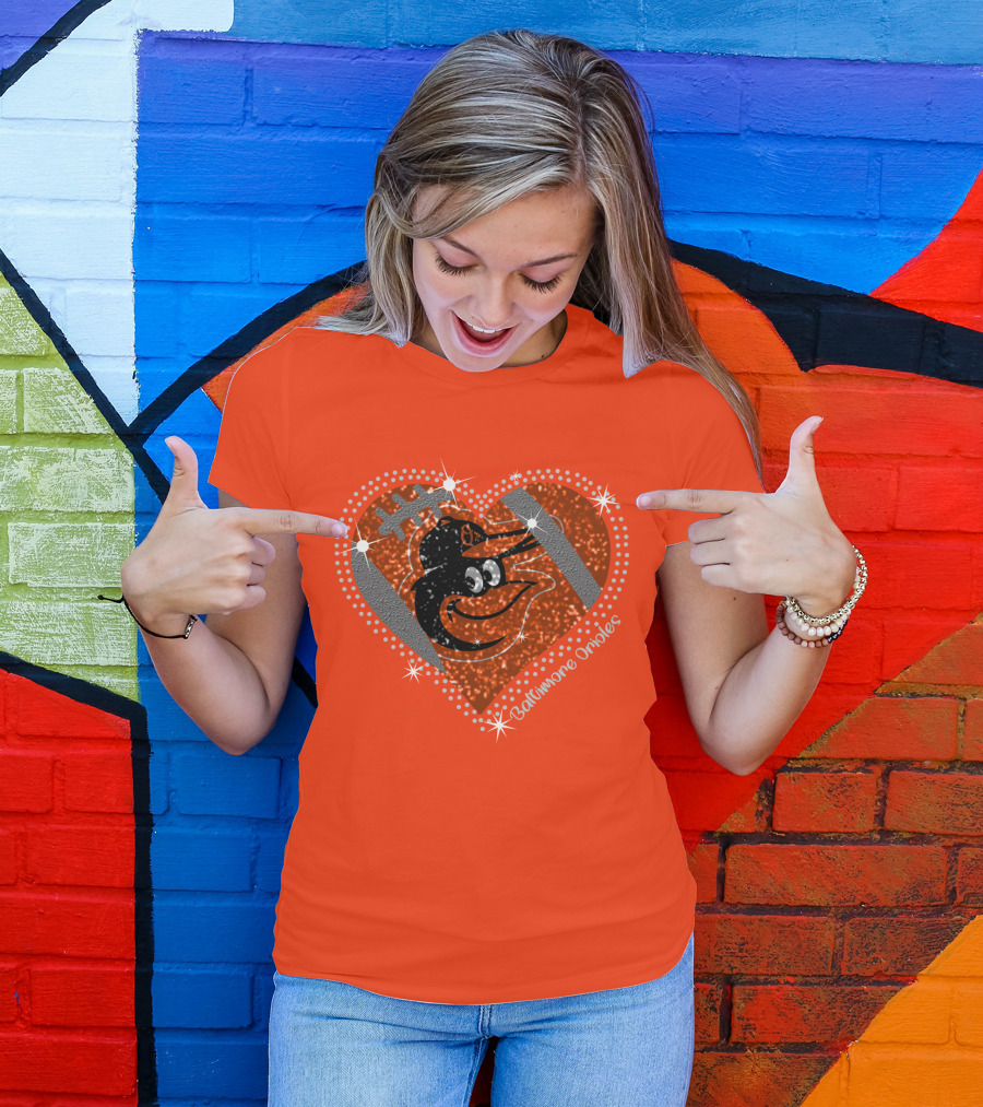 Baltimore Orioles Sparkling Heart And Baseball T-Shirt