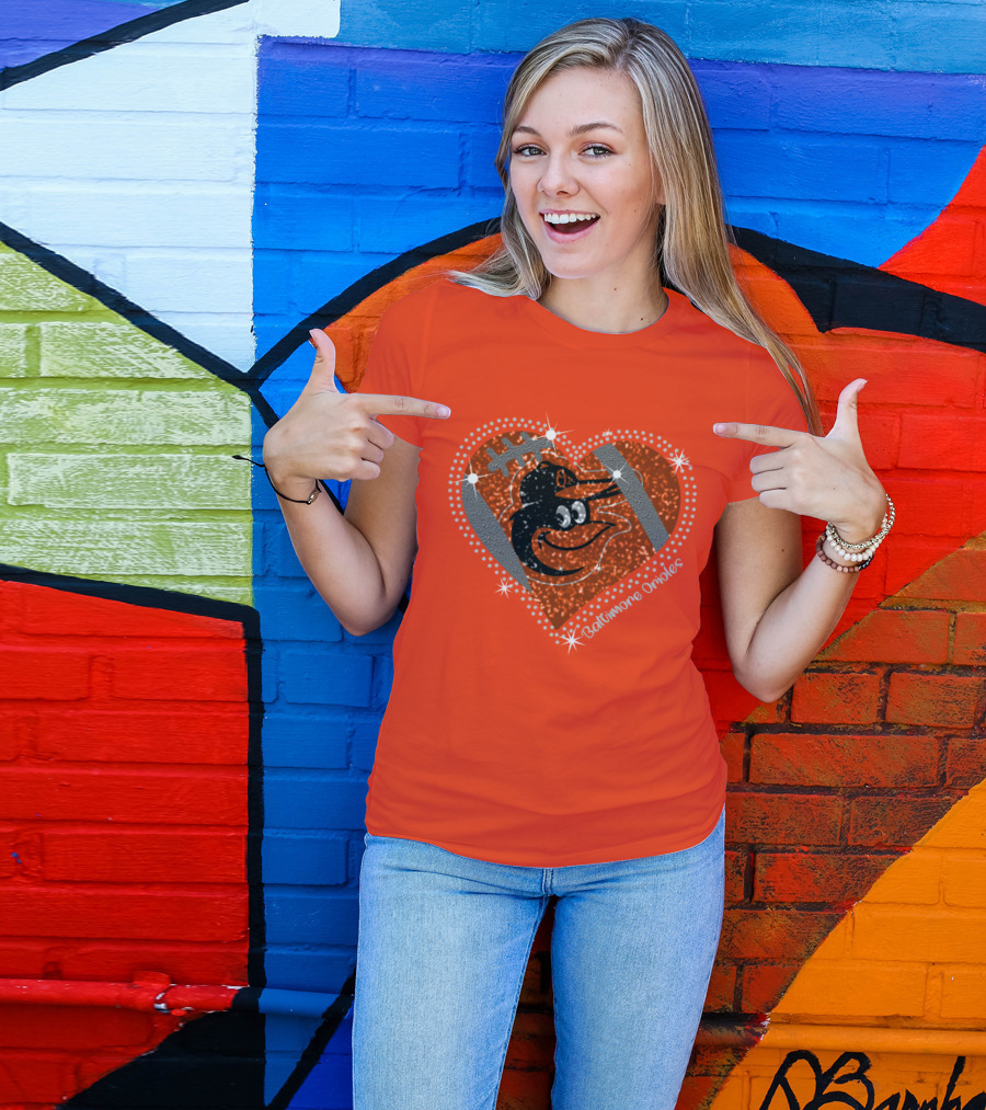 Baltimore Orioles Sparkling Heart And Baseball T-Shirt