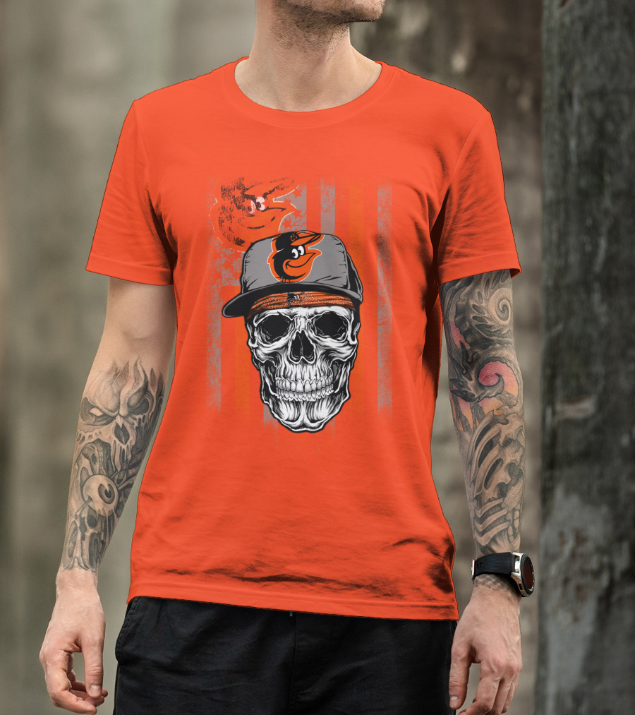 Baltimore Orioles Skull With Cap On Orange T-Shirt