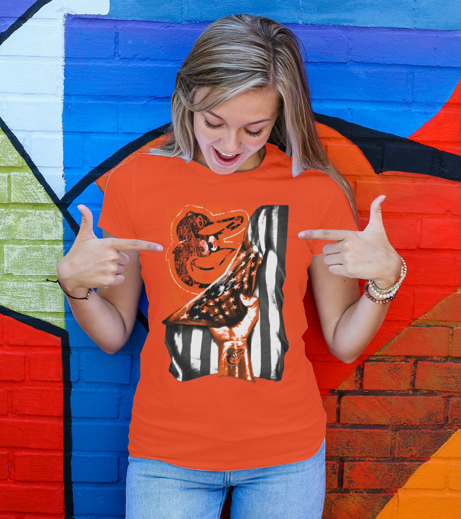 Baltimore Orioles American Flag Fist Logo On Orange T-Shirt