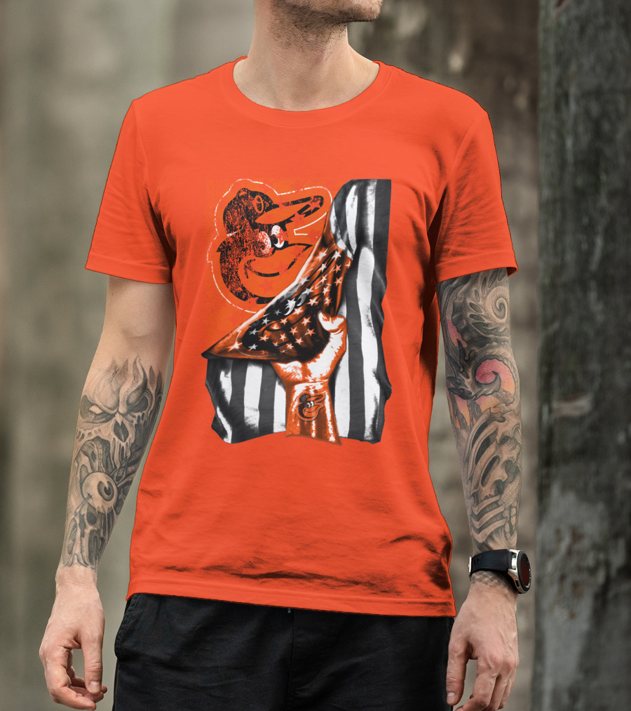 Baltimore Orioles American Flag Fist Logo On Orange T-Shirt
