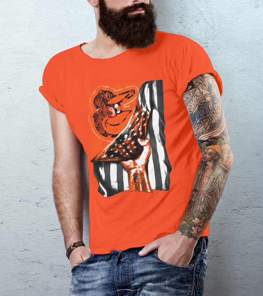 Baltimore Orioles American Flag Fist Logo On Orange T-Shirt