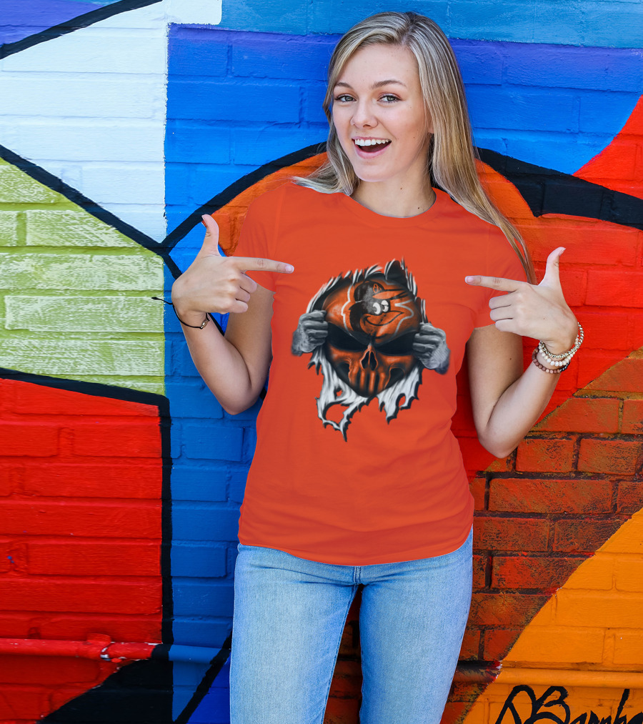 Baltimore Orioles Skull Logo Halloween Rip Effect T-Shirt