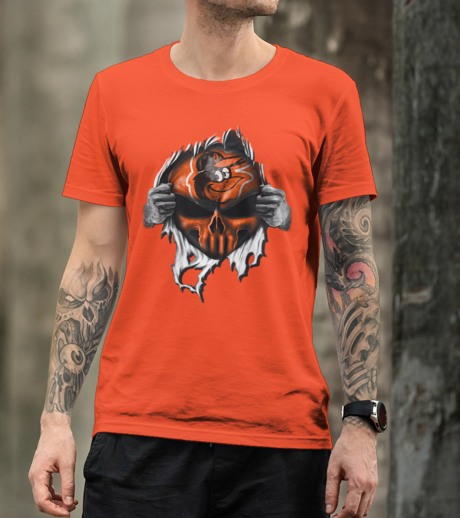 Baltimore Orioles Skull Logo Halloween Rip Effect T-Shirt