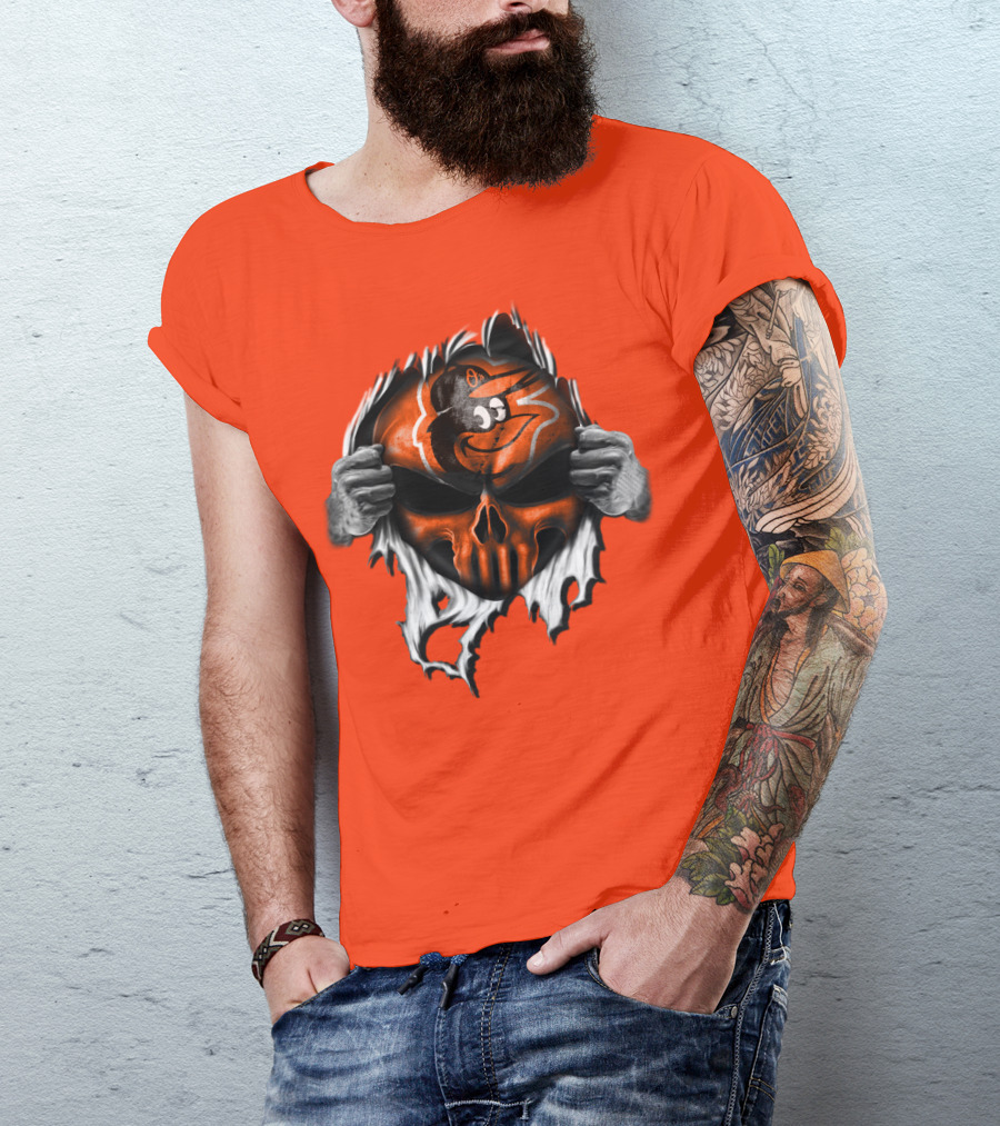 Baltimore Orioles Skull Logo Halloween Rip Effect T-Shirt