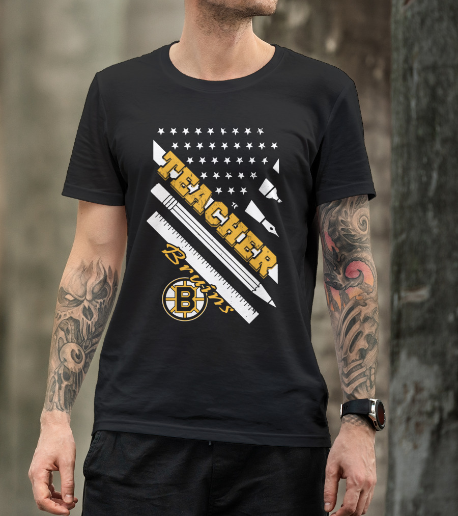 Boston Bruins Teacher American Flag Ruler Pencil Pen Stars T-Shirt