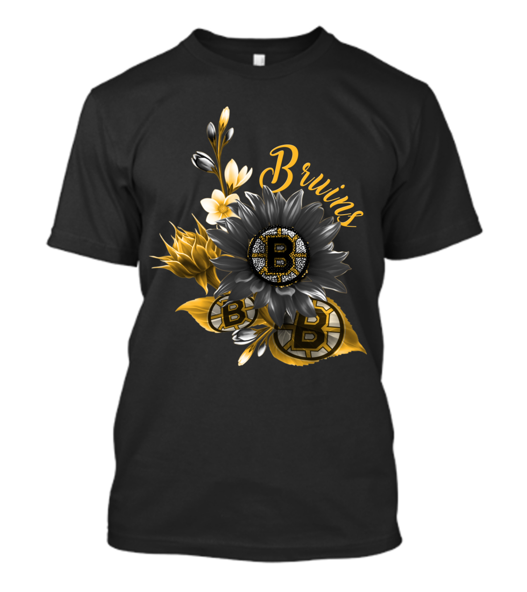 Boston Bruins Floral Logo Design With Yellow Flowers And Black T-Shirt
