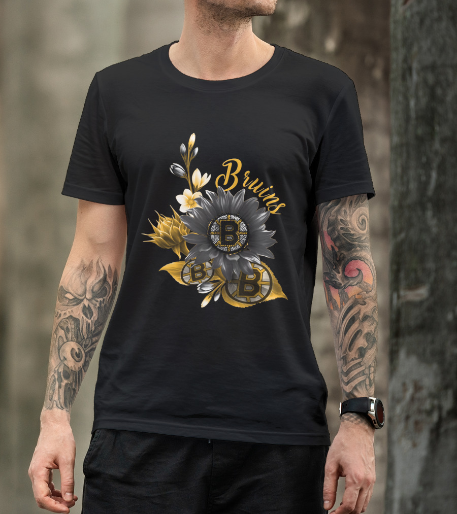 Boston Bruins Floral Logo Design With Yellow Flowers And Black T-Shirt