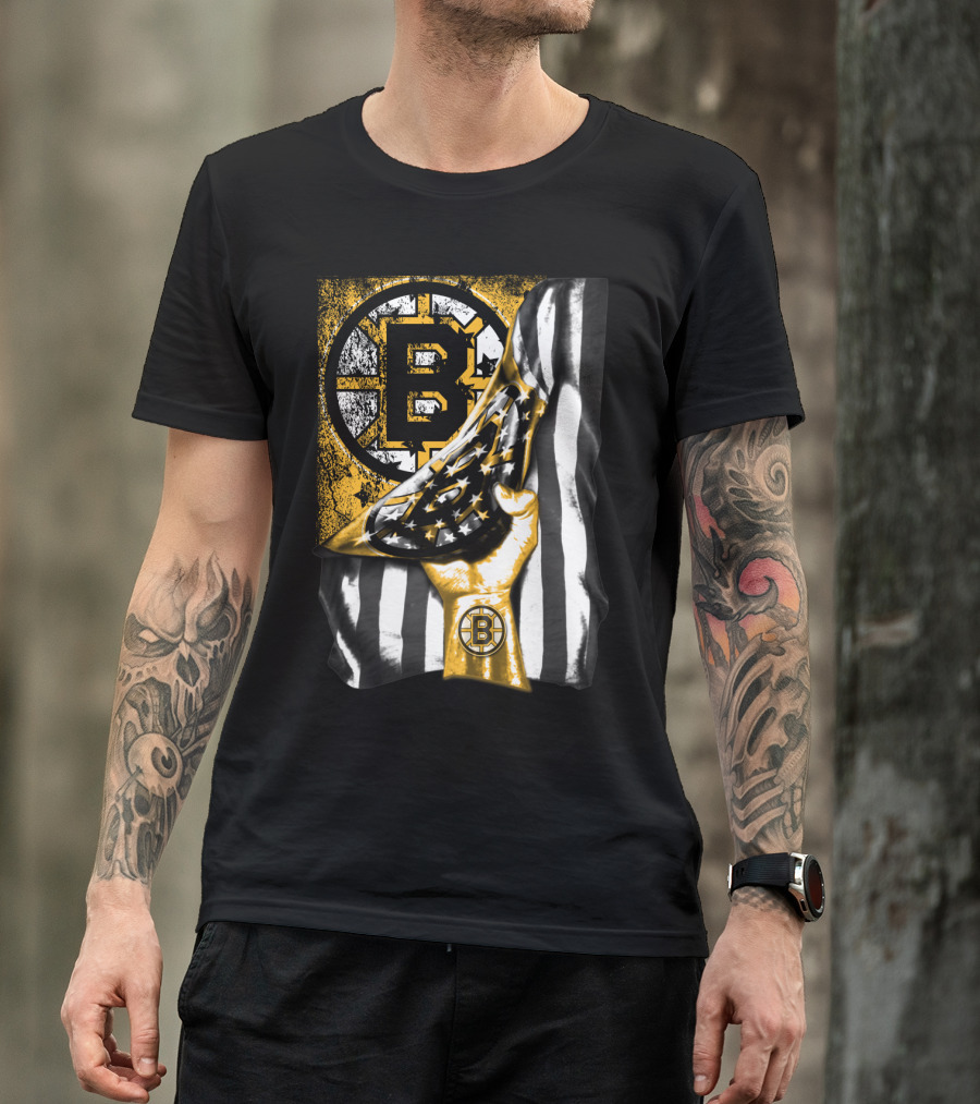 Boston Bruins American Flag Hand Emblem Black And Gold Burst T-Shirt