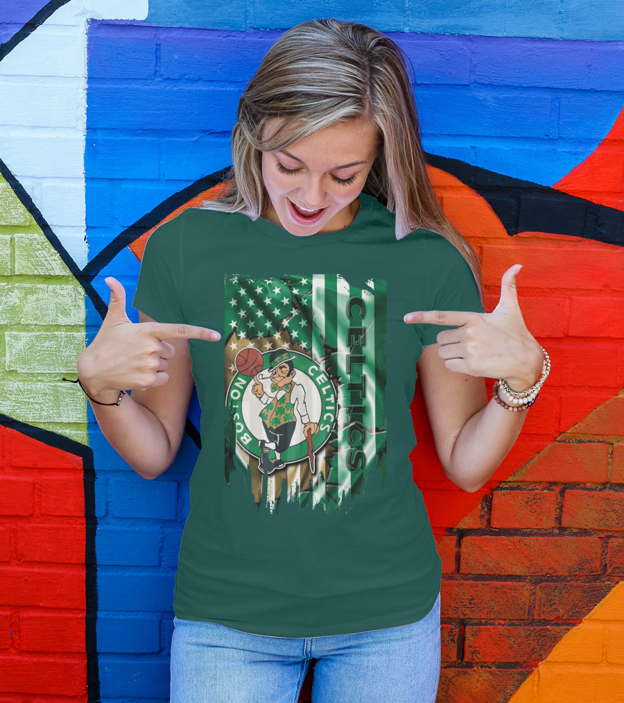 Boston Celtics Shamrock Leprechaun American Flag Basketball T-Shirt